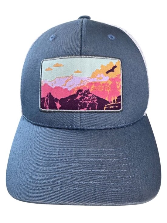 Kbethos Vintage Accessories - Kbethos Vintage Blue Trucker Hat Embroidered Sunset Mountain Patch Adjustable